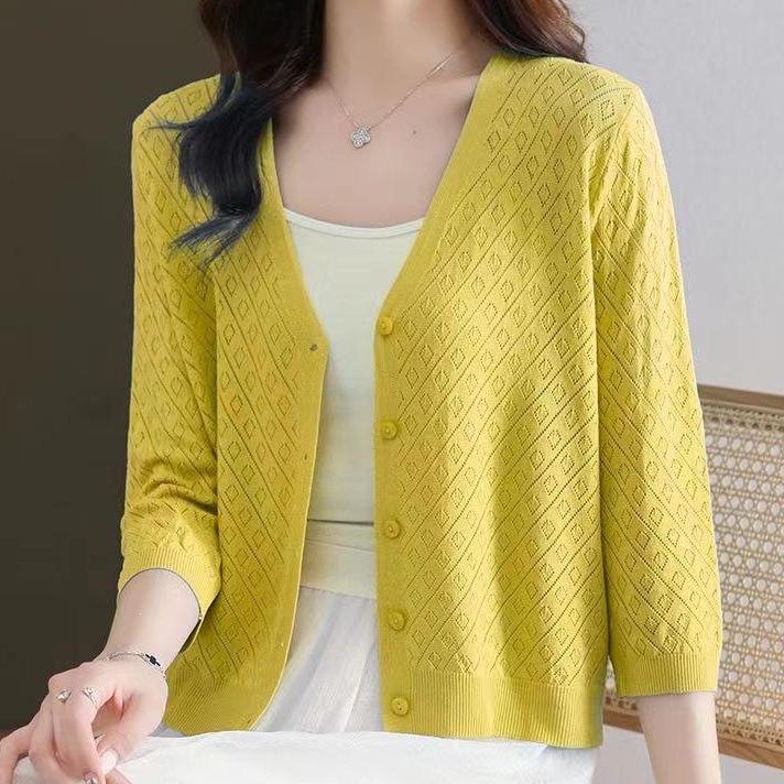 Women's Summer Fashion Knit Cardigan - Lightweight, Versatile, Rice Apricot Top