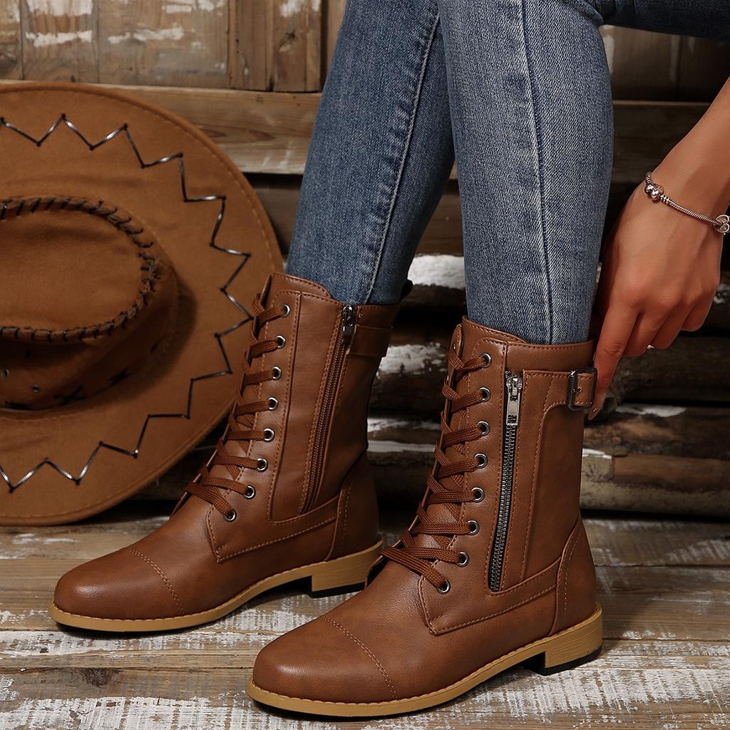 Velvet Boots with Round Toe, Low Heel, Side Zipper, Square Heel, Large Size, Midsole, Retro Knight Leather Boots for Women