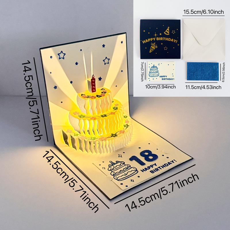 Musical Light-Up Cartoon Gold Birthday Cake 3D Card: Creative Blessing Gift