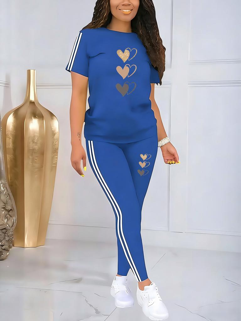 Damen Freizeitsportanzug, Herzförmiges Muster Print - Damen Freizeitsport Rundhals Zum Überziehen Kurzarm Hose Zweiteiliges Set