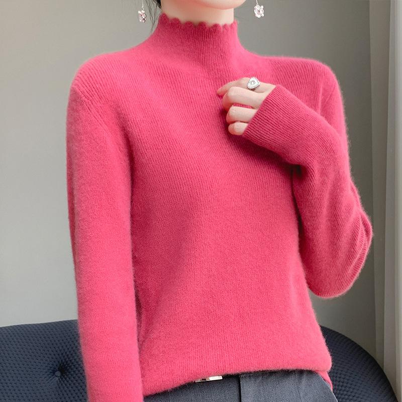 Lace Half High Neck Sweater Women's Black Fungus Edge Stand Up Collar Knitted Sweater Autumn and Winter High Neck Pullover Stylish Korean Style