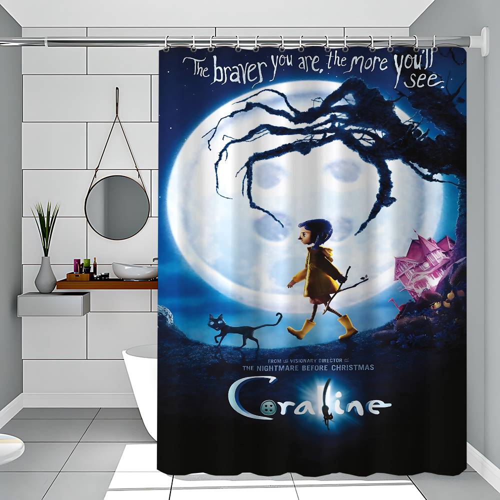 Cartoon Coraline Bathroom Curtain Classic Anime Fabric Shower Curtain With 12 Hooks Waterproof Bathroom Decor