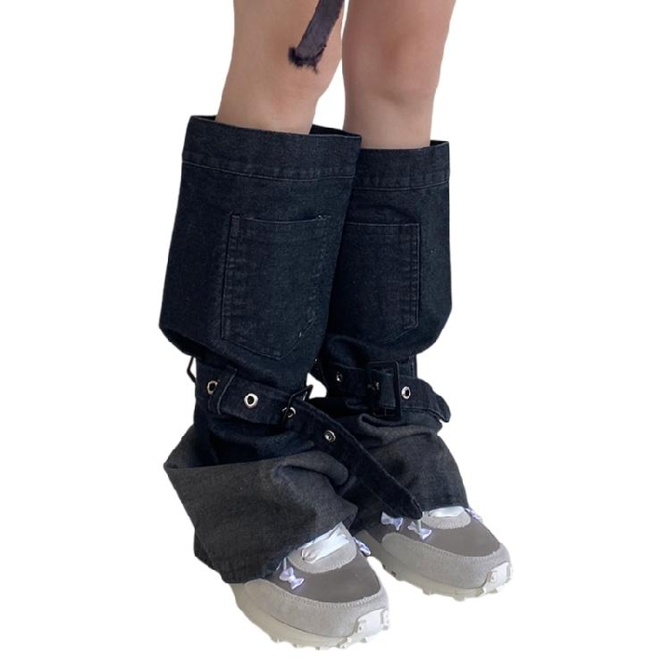 Women Japanese Punk Buckle Strap Leg Warmers Harajuku Aesthetic Streetwear Baggy Loose Denims Leg Sleeve Foot Covers