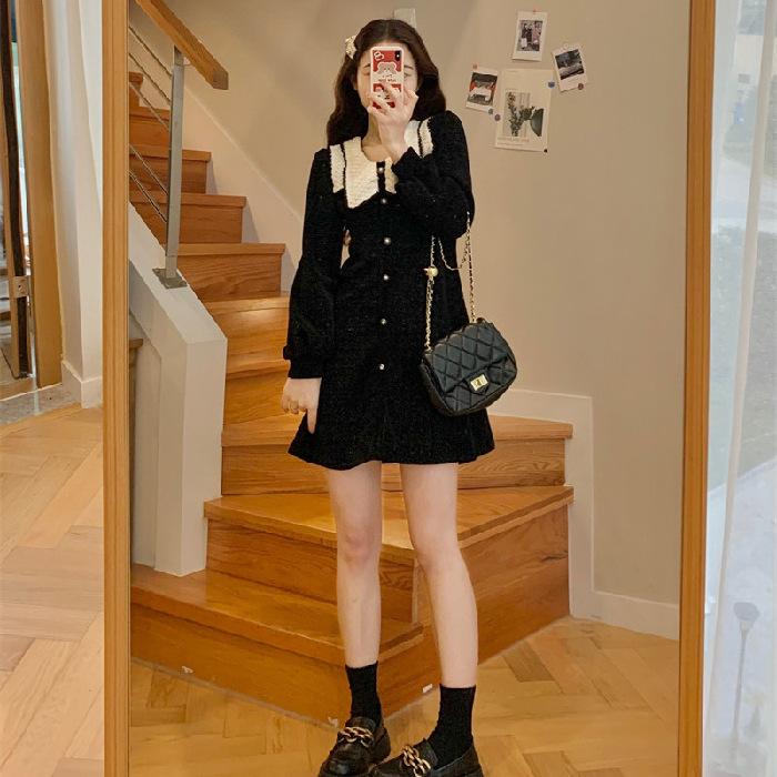 Women Dress  Autumn French Elegant Temperament Lapel Lace Check Chic  Waist Puff Sleeve Dress