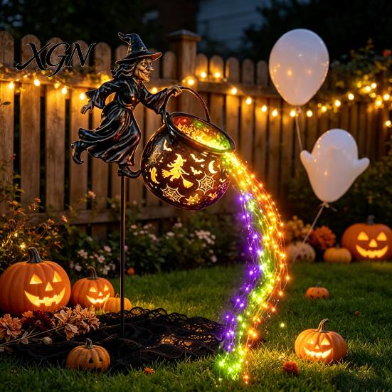 Garden Ornaments for Outside Decor Halloween Witch Stake Light Outdoor Decoration, 33.5 Inch Waterfall-Style Iron Stakes Lawn Cauldron