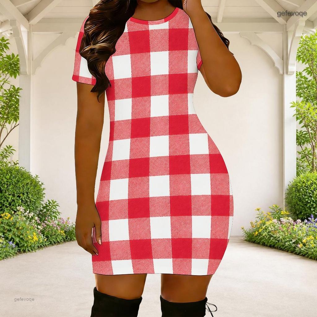 Women Plus Size Round Neck Short Sleeve Dots Printed Fitted Mini Dress