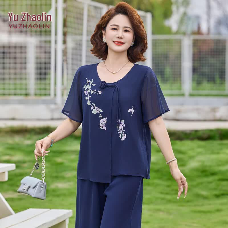 YUZHAOLIN Women s Chinese Style Summer Blouse Set L