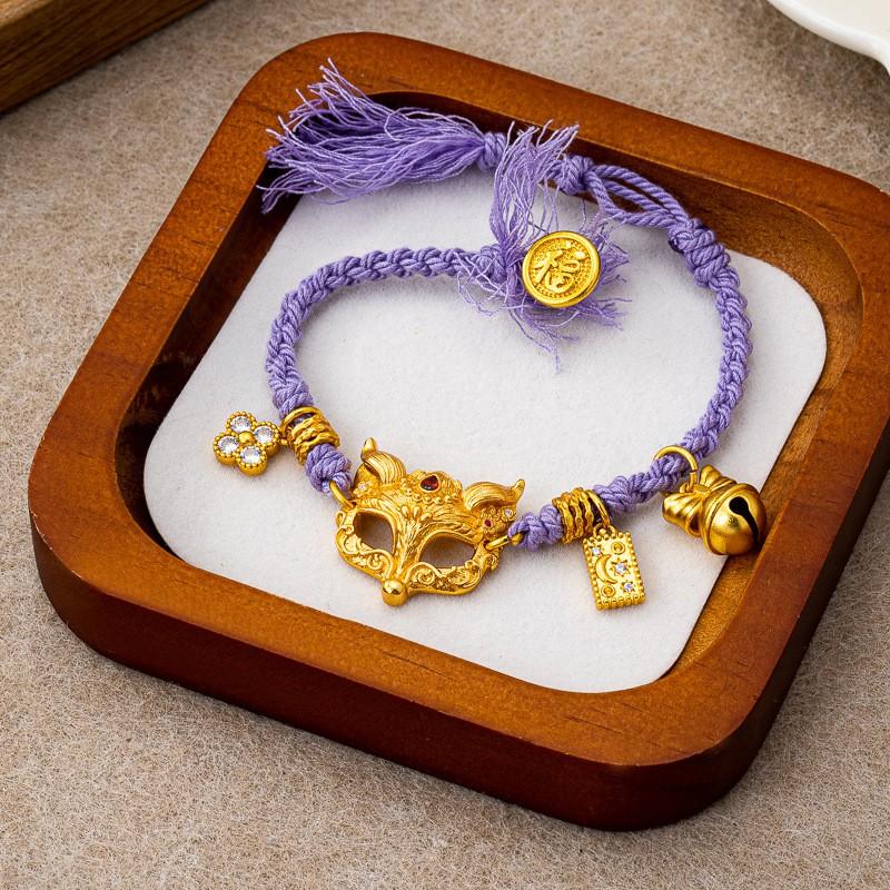Elegant Gold-Plated Fox Mask Charm Bracelet Women Men Handmade Cord Jewelry With Purple Accents Purple