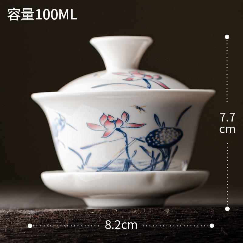 Tea Bowl Ceramic Tea Cup Soup Tureen Chinese Ceramic Gaiwan Porcelain Gaiwan White Lid Bowl Lotus Hand Drawing Gai Wan Shen Puer