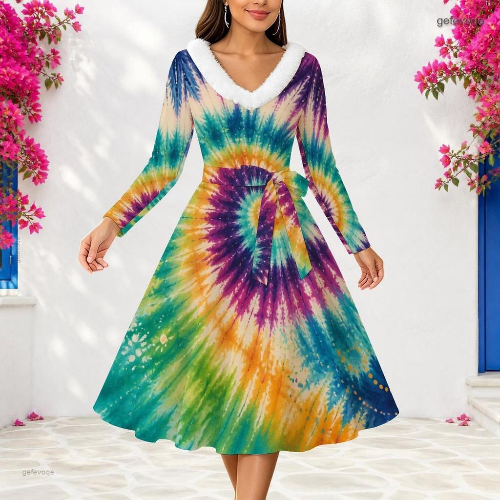 Women Plus Size V Neck Faux Fur Trim Long Sleeve Pink Gold Marble Print A Line Midi Dress With Belt