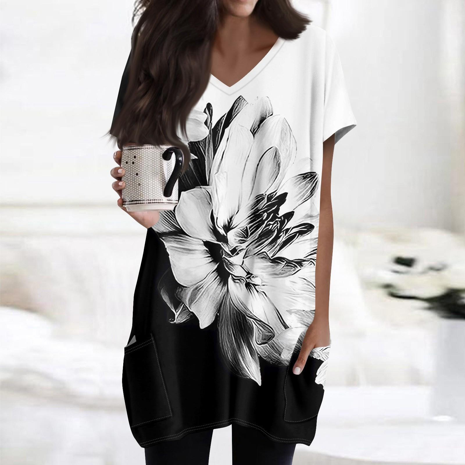 

Женские топы с V-образным вырезом, блузки с коротким рукавом, повседневные рубашки средней длины, модные туники с принтом и карманами XXXL чёрный