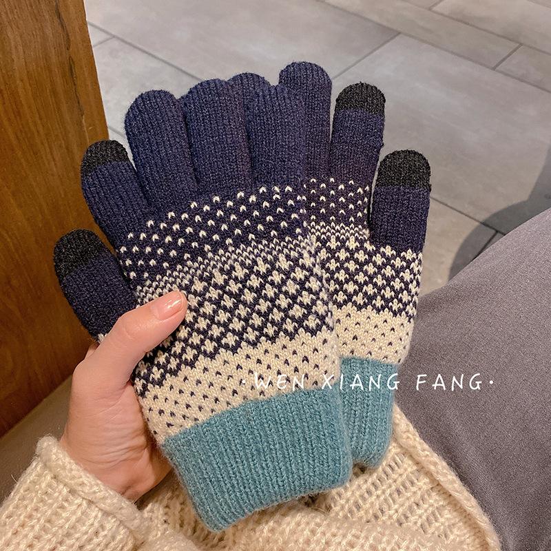 Retro Warm Student Touch Screen Five Finger Gloves for Women in Autumn and Winter Plus Velvet and Thickening  Cute Bicycling Couple's Fingers