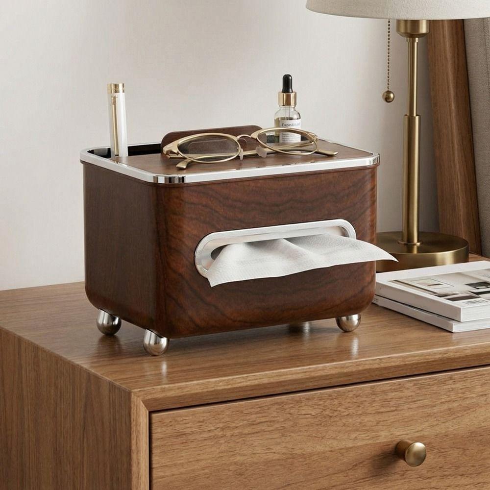 Imitation Walnut Wood Desktop Tissue Box Plastic Large Capacity Paper Storage Box Anti-slip Decorative Tissue Storage Box Table