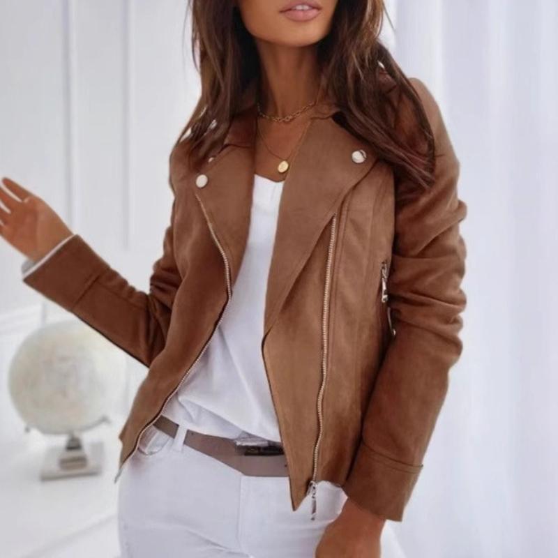 Autumn/Winter Women's Leather-Faux Fur Zipper Button-Decorated Slim-Fit Casual Jacket
