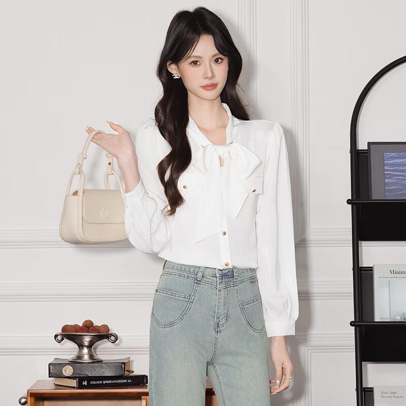 Telo Man Women s Long Sleeve Satin Bow Tie Blouse M