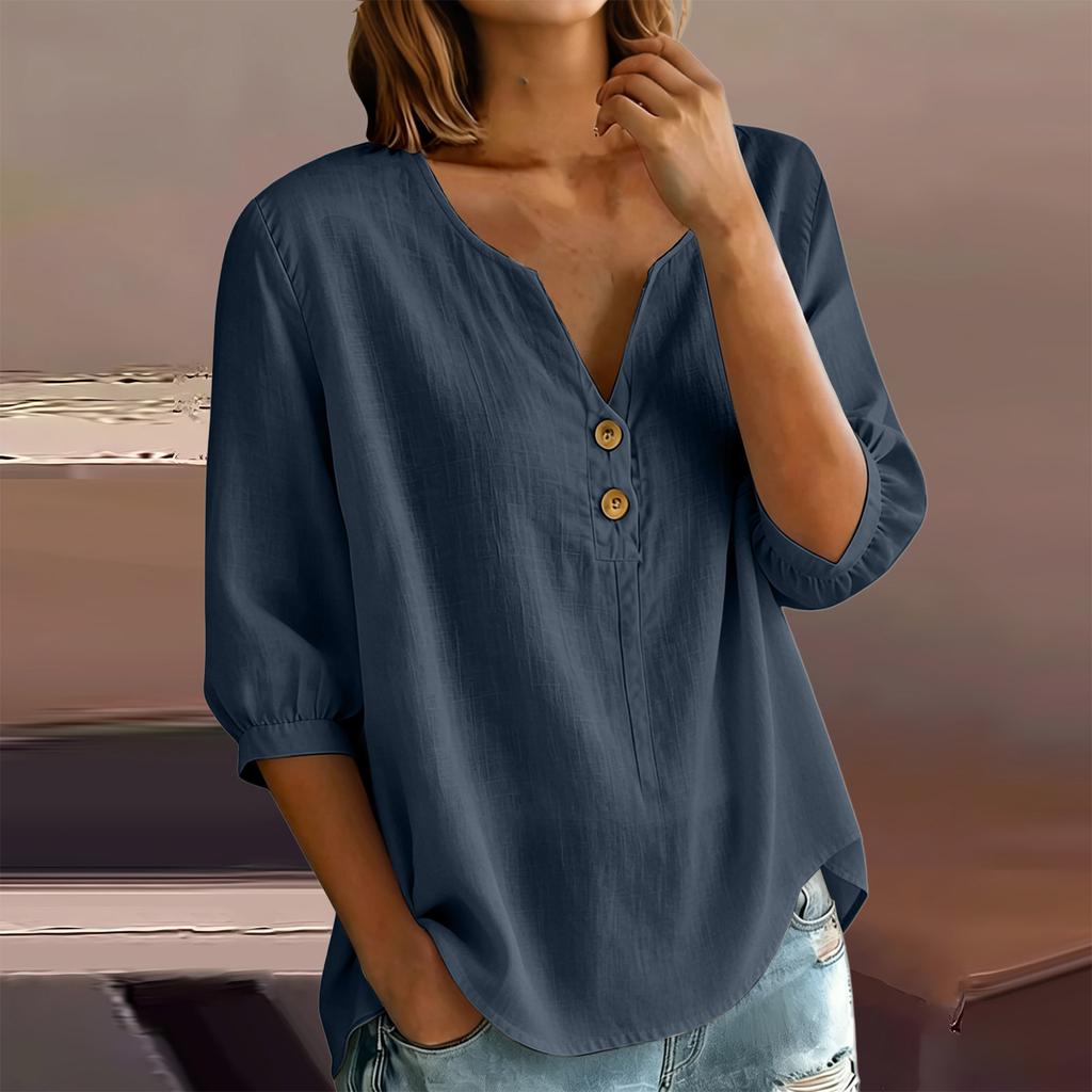 Women's Casual Linen Blend Henley Button Neck Shirt Three Quarter Sleeve Lightweight Loose Fit Top for Everyday Wear