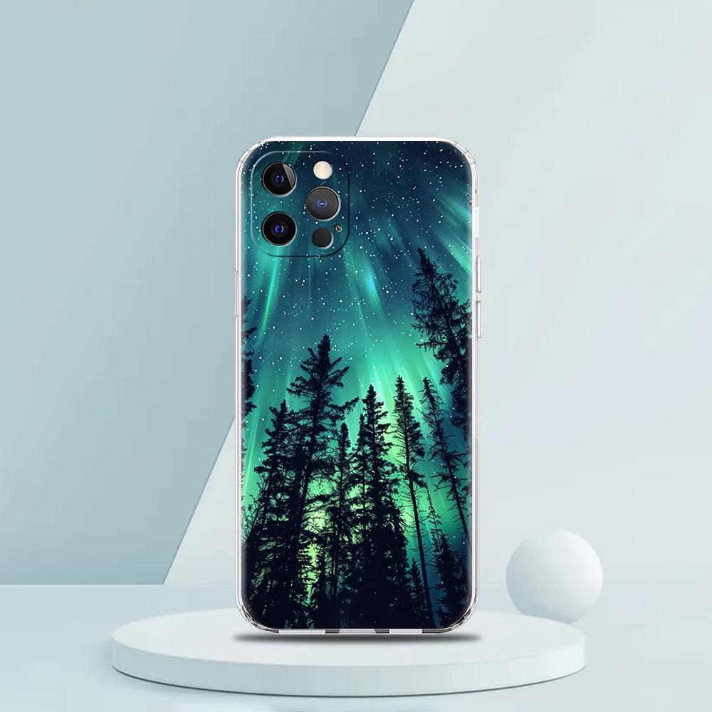 For iPhone 15 16 14 13 12 Mini 11 Pro Max XS X XR SE 7 8 Plus Silicone Clear Cover Beautiful Northern Lights Luxury Phone Case