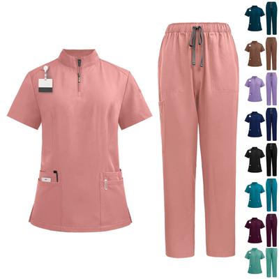 Women's Quick Drying Fabric Solid Color Stand Up Collar Zipper Pocket Short Sleeved Pants Set Workwear
