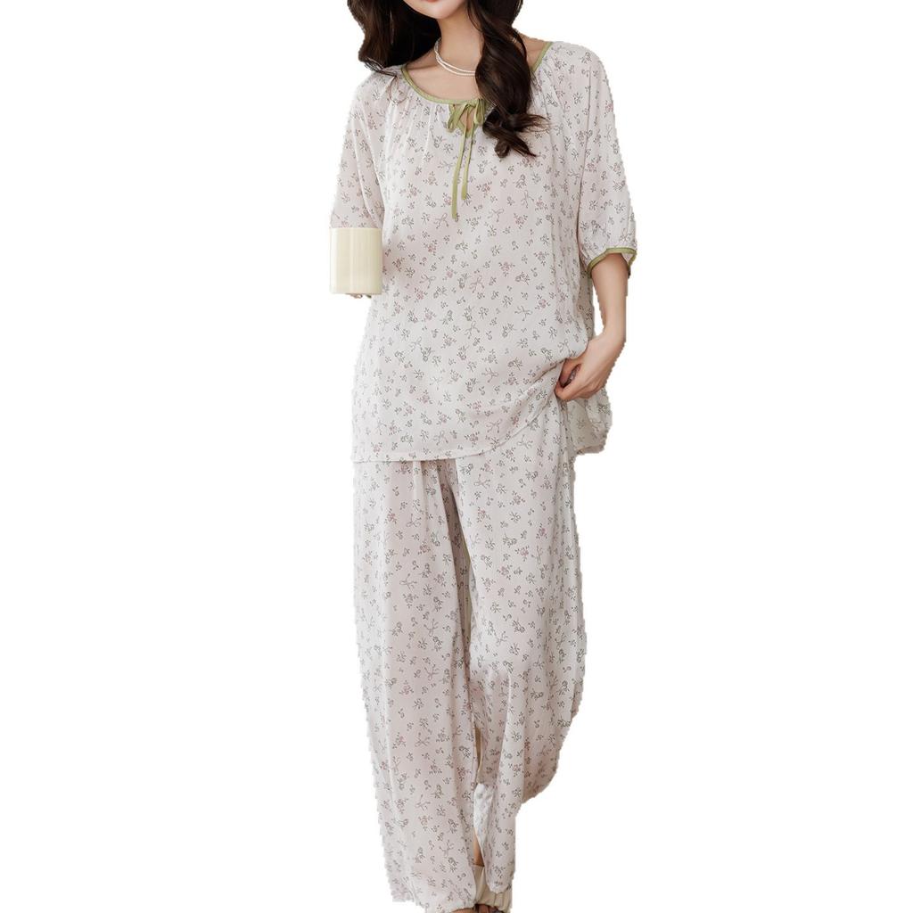 Cotton and silk floral women's new Chinese style pajamas set summer short-sleeved nine-point pants loungewear can be worn outside idyllic style