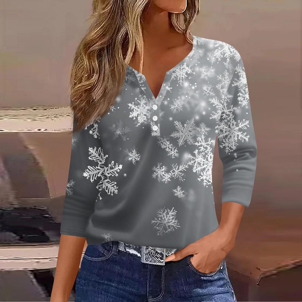 Women's Fashion Casual Christmas Tree Print V-Neck Decorative Button Three-Quarter Sleeve T-Shirt Top
