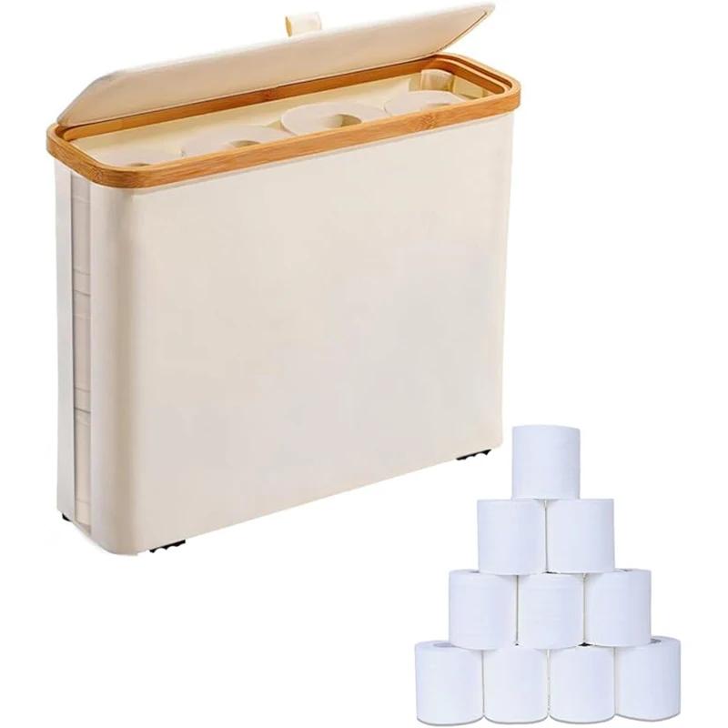 1 Storage Basket, Storage Shelf, Large Paper Holder, 12 Rolls Of Toilet Paper, Storage Rack With Lid, Oxford Cloth + Bamboo Stor