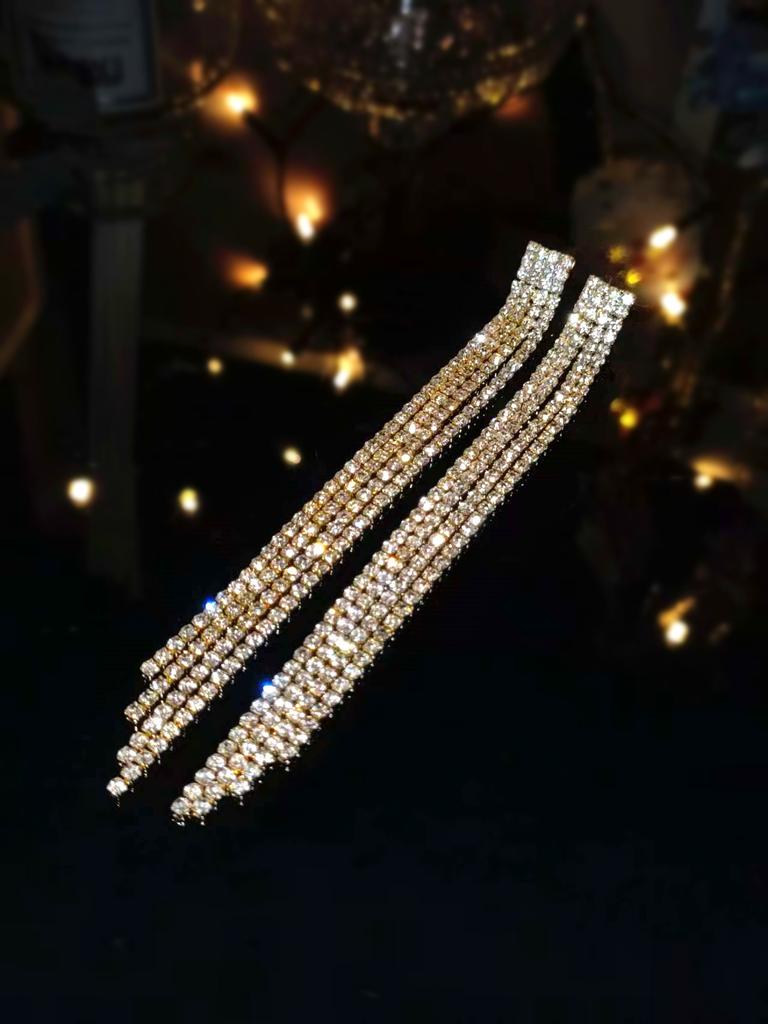Premium super flash full diamond long fringed earrings