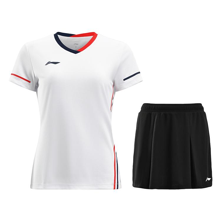 Li Ning Badminton Series Dry Simple Comfortable Geometric Line V-Neck Competition T-Shirt Loose Pants Skirt Casual Set Women Sets AATV068-1