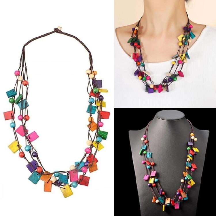 Trendy Bohemian Necklace with Coconut Shell and Wood Beads Colorful Designs for a Unique Fashion Statement Pieces