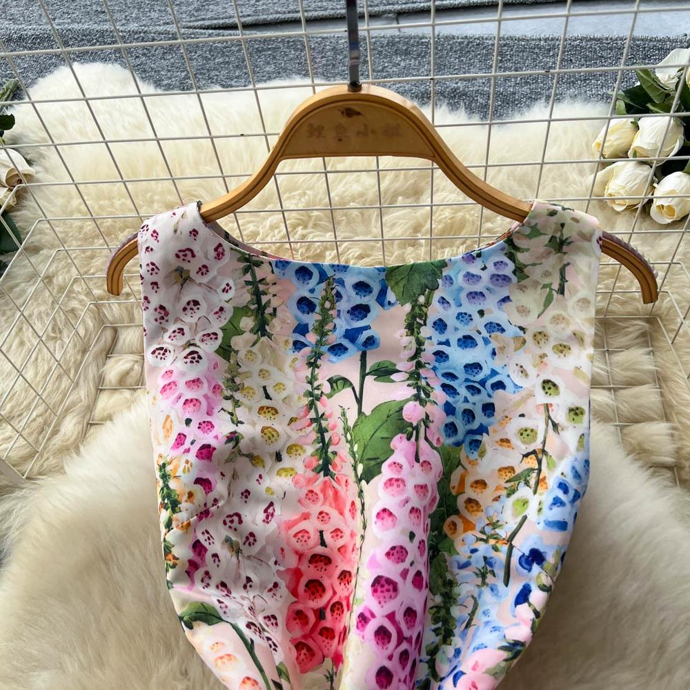Robe sans manches à col rond imprimé style européen américain pour femmes, haut de gamme, niche, fête d'anniversaire, taille ajustée, bouffante, maxi