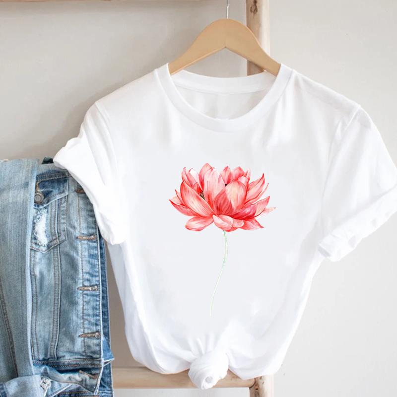 (European Size)  90s Print Tee Women Peace Flower Trend Cute Top Clothing Fashion T-shirt Lady Female Casual Short Sleeve Graphic T-shirt