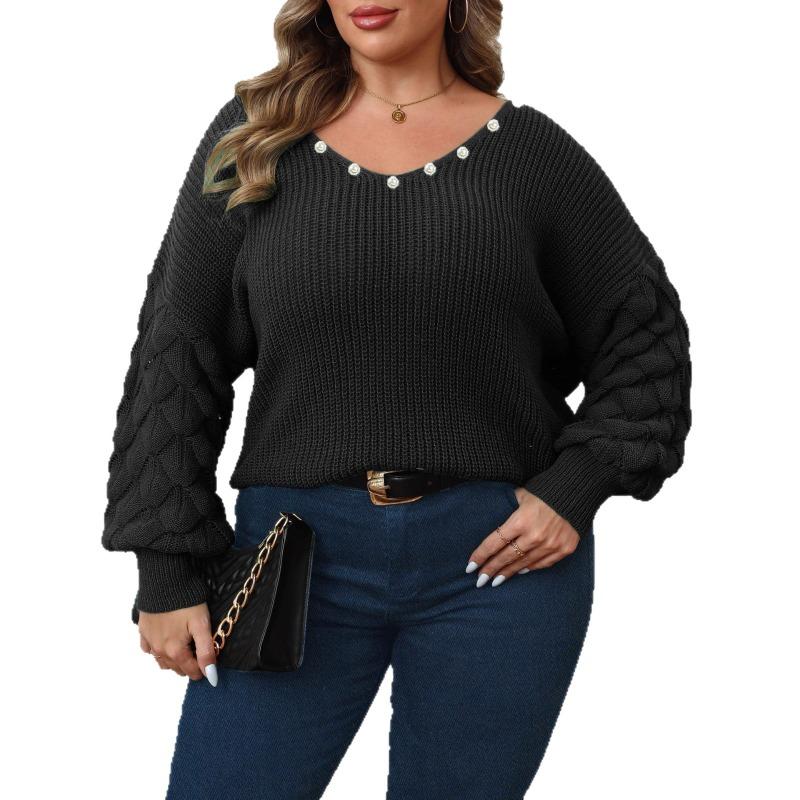 Women's Sweater Pineapple Sleeve Splicing Deep V Woven Base Shirt Nail Pearl Splicing Casual Top