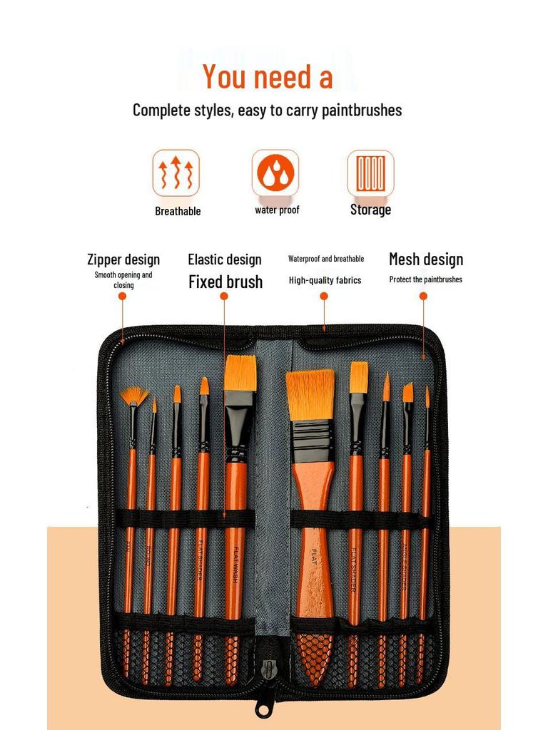 10-Piece Nylon Oil & Gouache Paintbrush Set for Art & Watercolor
