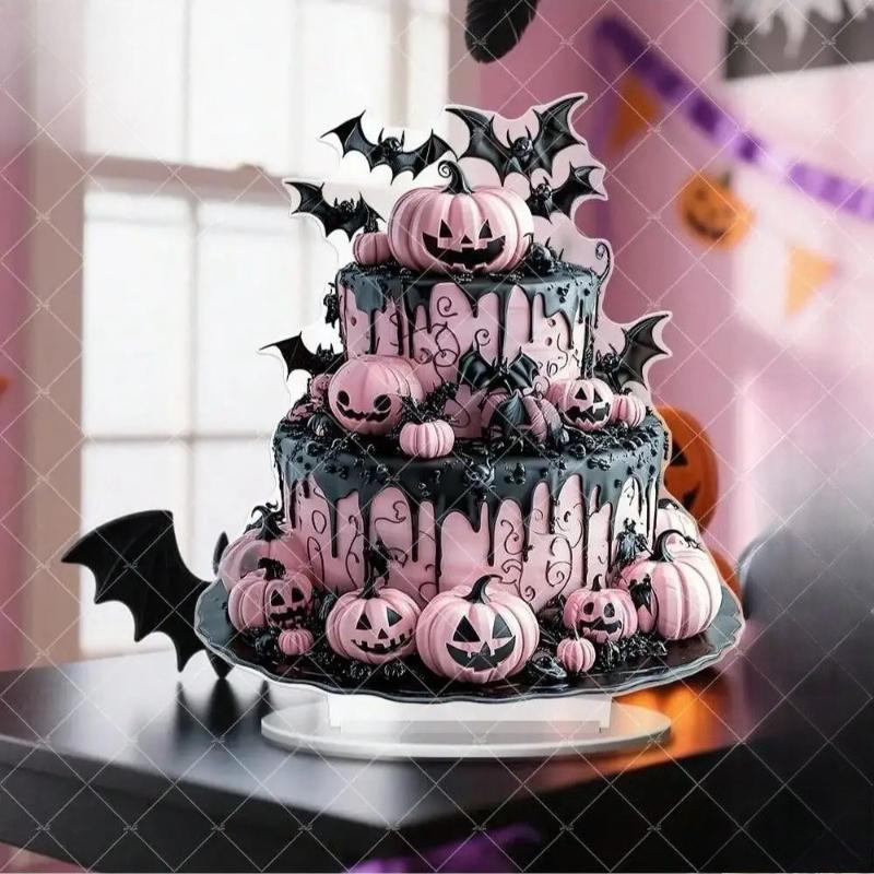 1pcs Halloween Creepy Pink Cake Castle Horror Pumpkin and Bat Tabletop Decoration Ornament - 2D Flat Acrylic Desktop Ornament