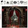 2D flat polyester background fabric - with magic broom and vampire castle design - perfect for Halloween and parties