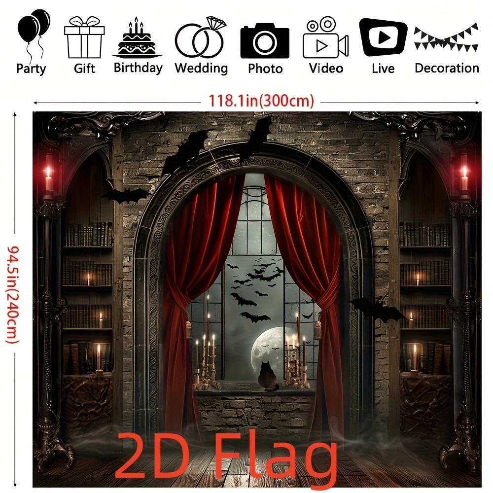 2D flat polyester background fabric - with magic broom and vampire castle design - perfect for Halloween and parties