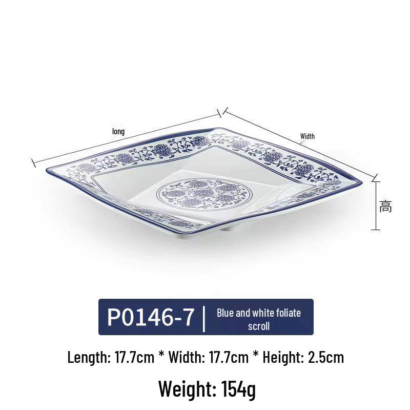 Melamine Blue & White Porcelain Square Plate for Hotels & Restaurants - Stir-Fry, Fast Food, Cold Dishes, Rice Bowl, Commercial Use.