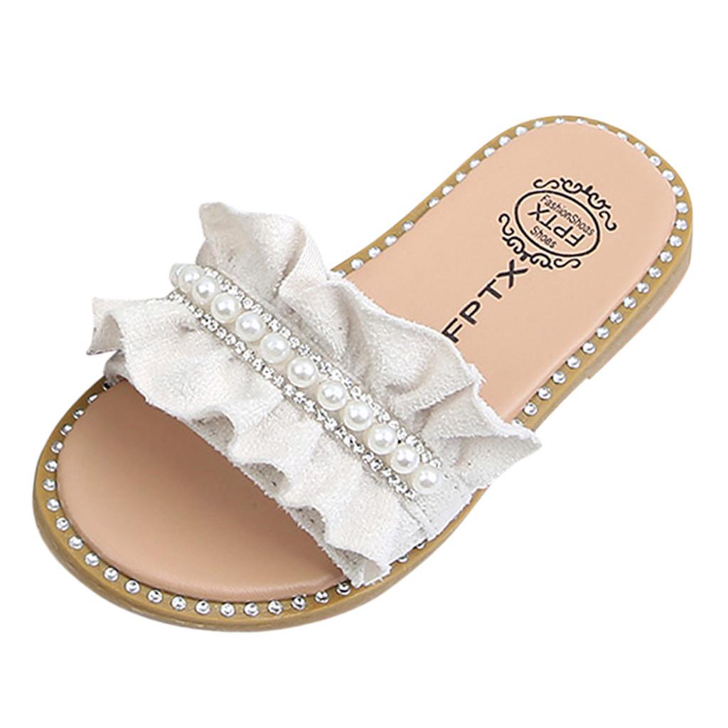 Toddler Kids Baby Girls Pearls Crystal Ruffles Princess Shoes Slippers Sandals