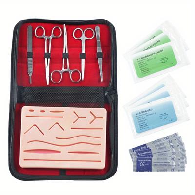 Kit Completo de Práctica de Sutura para Entrenamiento de Sutura, Incluyendo Almohadilla de Sutura de Silicona Grande con Heridas Precortadas y Kit de Herramientas de Sutura (18 piezas) Incluyendo Estuche