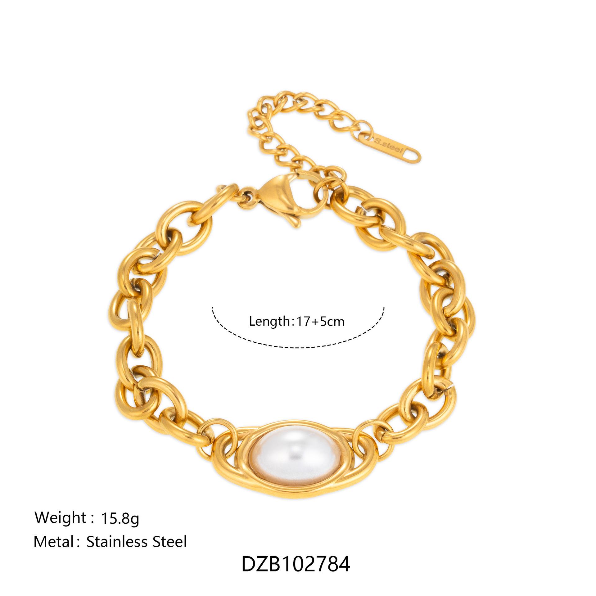 New Fashion Luxe Bracelet & Tiger Eye Stone Necklace Set with 18k Gold-Plated Titanium Steel Pearl Necklace