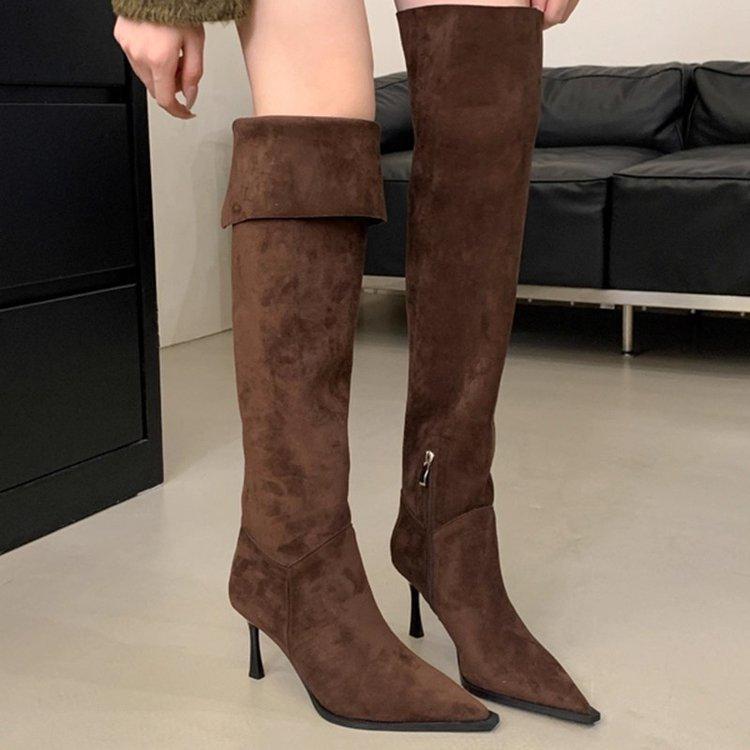Over-the-knee Boots for Women, Two Wearing Large Tube Circumference, New Suede Pointed Stiletto High Heel Pleated Piled Boots In Autumn and Winter 20