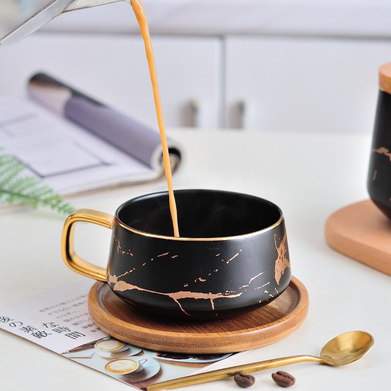 Nordic Marble Ceramic Coffee Mug Set With Lid Spoon Saucer Creative Couple Cup for Home Office Breakfast Afternoon Tea Gift