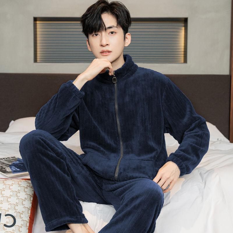 Men's Pajamas Winter Flannel Thickened Plus Velvet Homewear Autumn And Winter Days Warm Coral Fleece Zipper Style Two-piece Set