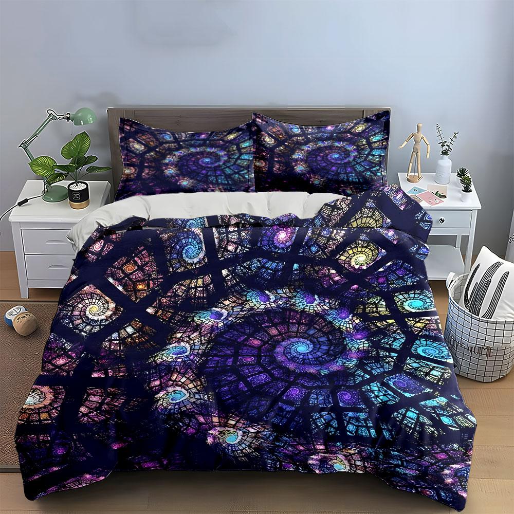 3Pcs Stained Glass Bedding Set, Purple And Blue Spiral Galaxy Print Duvet Cover + 2 Pillowcases, Large-Sized Home Decor, Gifts