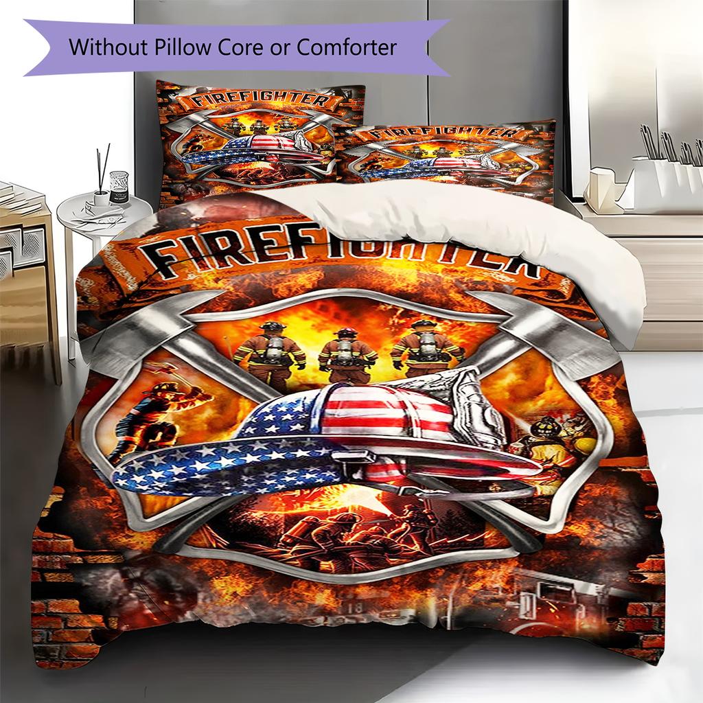 Firefighter Pattern Bedding Quilt Set Quilt Cover Pillowcase Home Decoration Gift (1 * duvet cover + 2 * pillowcase, without core)