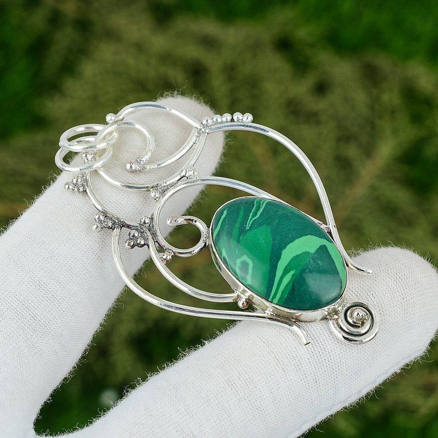 

925 Silver Oval Malachite Gemstone Unique Bezel Mother Handmade Wedding Pendant