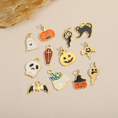 CARLIDANA 2PCS Halloween Easter Charms Stainless Steel Enamel Ghost Broom Bat Pumpkin Pendant DIY Accessories for Jewelry Making