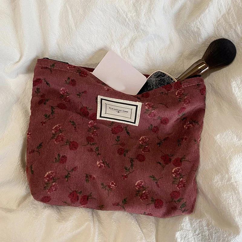 Corduroy Makeup Bags for Women Floral Print Cosmetic Bag Pencil Case Travel Toiletry Bag Storage Bag Organizer Beauty Case