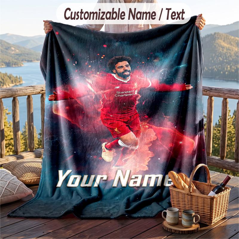 Flannel Blanket Mohamed Salah Print Custom Name Text Soft Throw for Sofa Bed