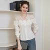 Bailuyu Süßes Spitzen-Häkel-Patchwork-V-Ausschnitt Langarm-Bluse