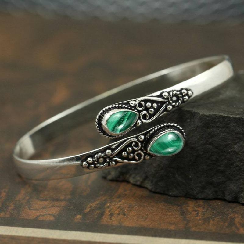 Vintage Ethnic Style Inlaid Imitation Natural Stone Bracelet Elegant Open Adjustable Bracelet Women Party Jewelry